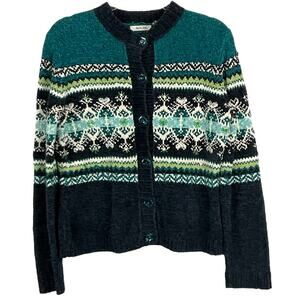 Pacific Trail Womens Nordic Sweater Fair Isle Cardigan Chunky Knit Blue Green M
